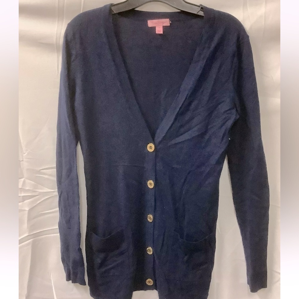Lilly Pulitzer Womens Navy Blue Long Sleeves Button Front Cardigan Sweater Sz S